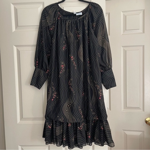 Vintage Union Made Long Sleeve Floral Dress Semi Sheer Ruffled Hem Black Red M/L - Picture 3 of 17